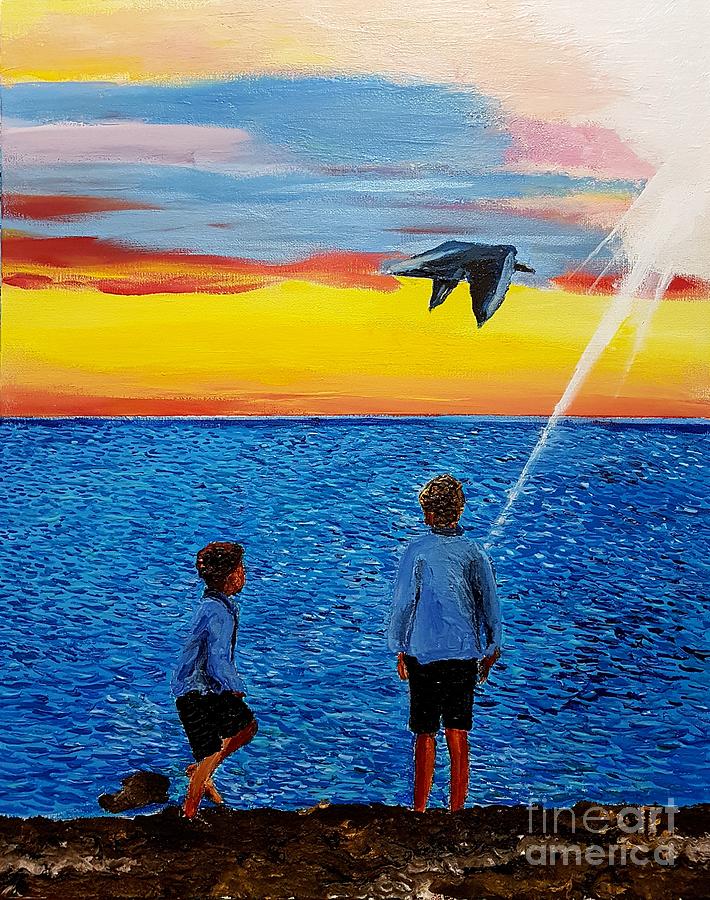 Watching a seagull floating  Painting by Eli Gross