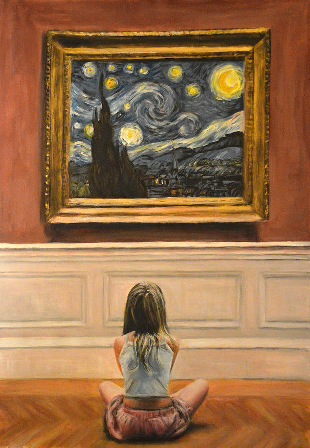 Watching starry night by van gogh Painting by Escha Van den bogerd