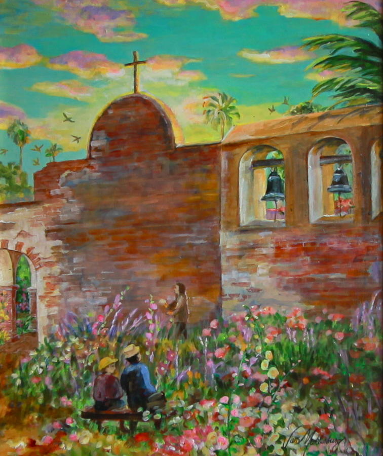 Watching Swallows at Mission San Juan Capistrano Painting by Jan Mecklenburg