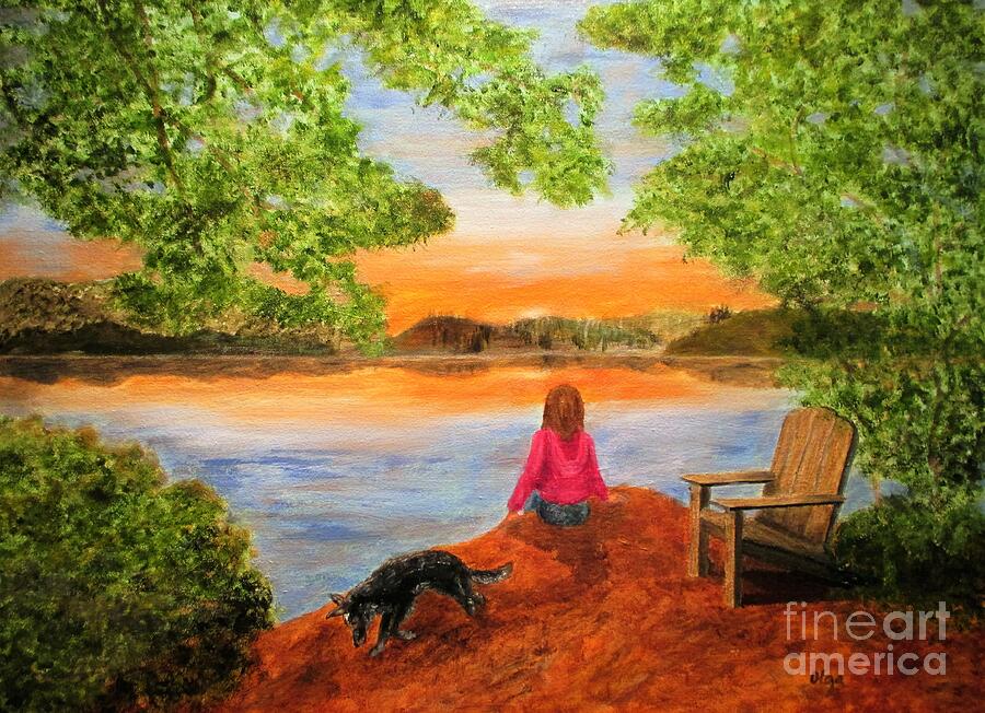 Watching the Sunset at the Lake Painting by Olga Silverman