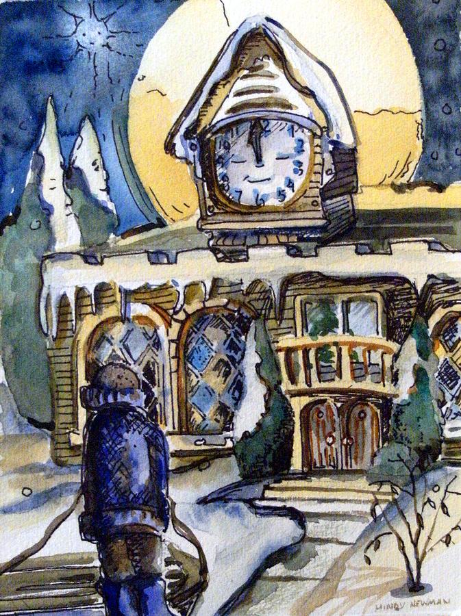 Watching the Village Clock Painting by Mindy Newman