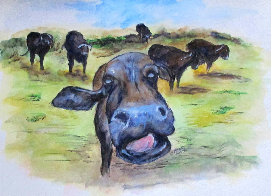 Water Buffalo Kiss Painting by Clyde J Kell