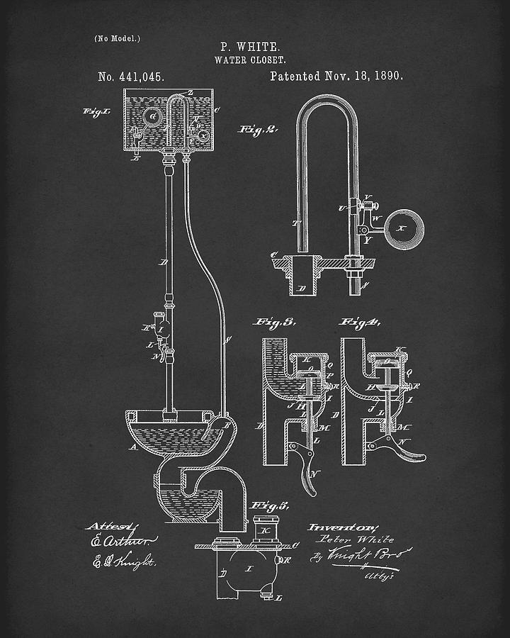 Water Closet Patent Art Black Drawing by Prior Art Design