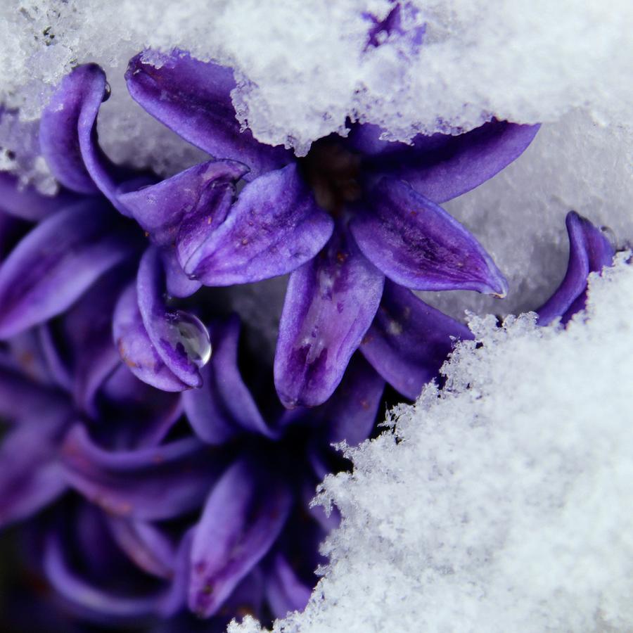 Water Drop on a Purple Hyacinth Bloom Under Snow Photograph by M E