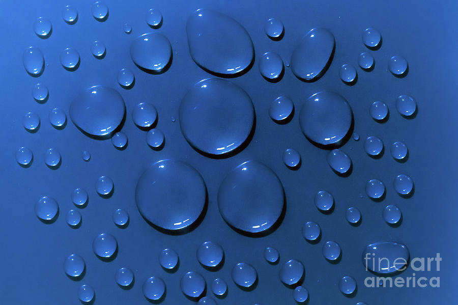 Water drops pattern on blue background Photograph by Simon Bratt