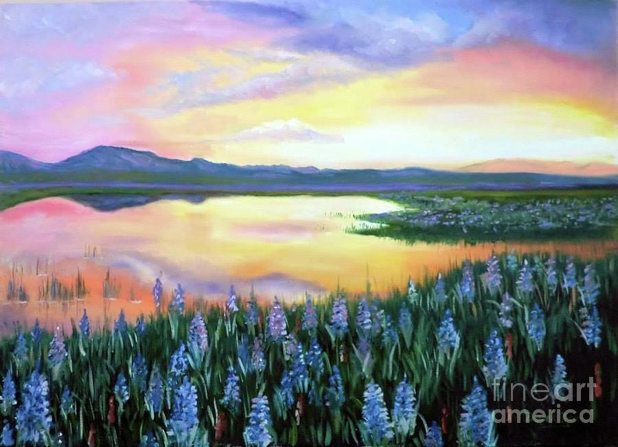 Water Hyacinths Painting by Derek Rutt Fine Art America