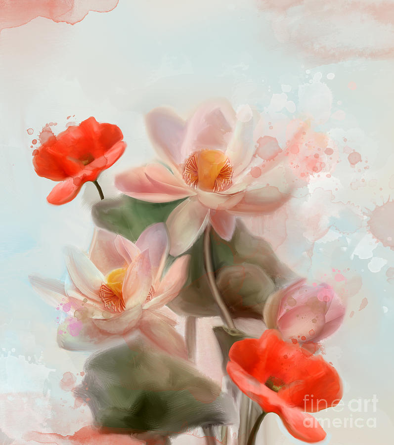 Lilies And Red Poppies Digital Art