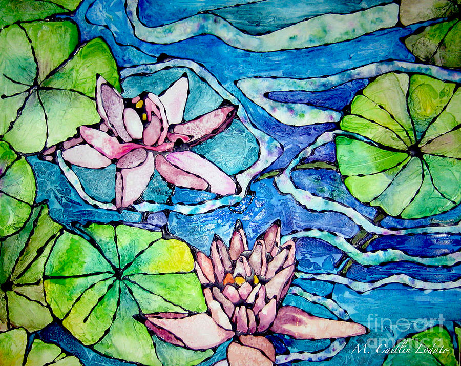 Flower Painting - Water lilies Stained Glass Watercolor by Caitlin Lodato