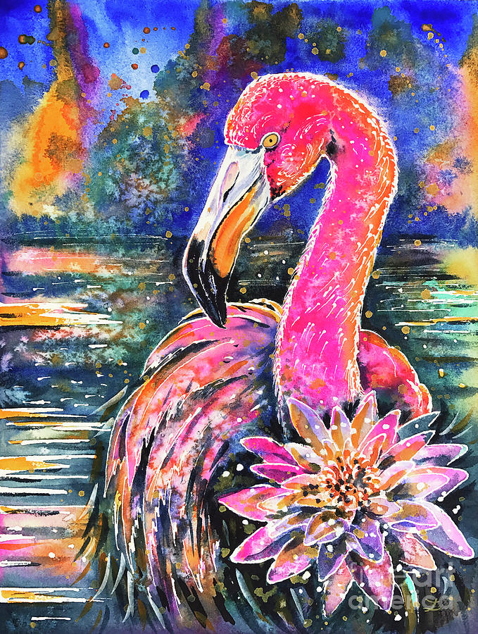 Water Lily and Flamingo Painting by Zaira Dzhaubaeva