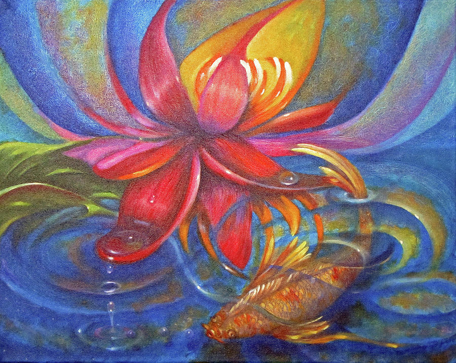 Water Lily and Koi Painting by Sherry Strong