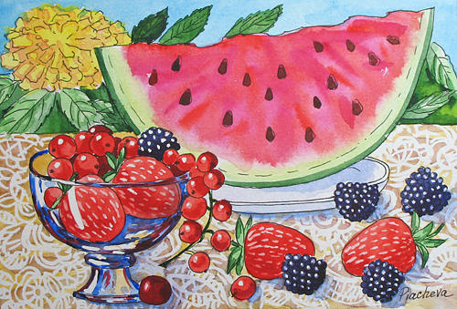 Floral Painting - Water-melon and Berries Still Life. by Natalia Piacheva Floral Painting - Water-melon and Berries Still Life. by Natalia Piacheva