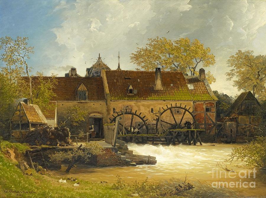 Water-mill At A River Painting by MotionAge Designs