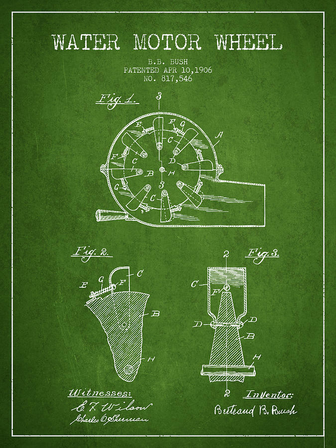 Vintage Digital Art - Water Motor Wheel Patent from 1906 - Green by Aged Pixel