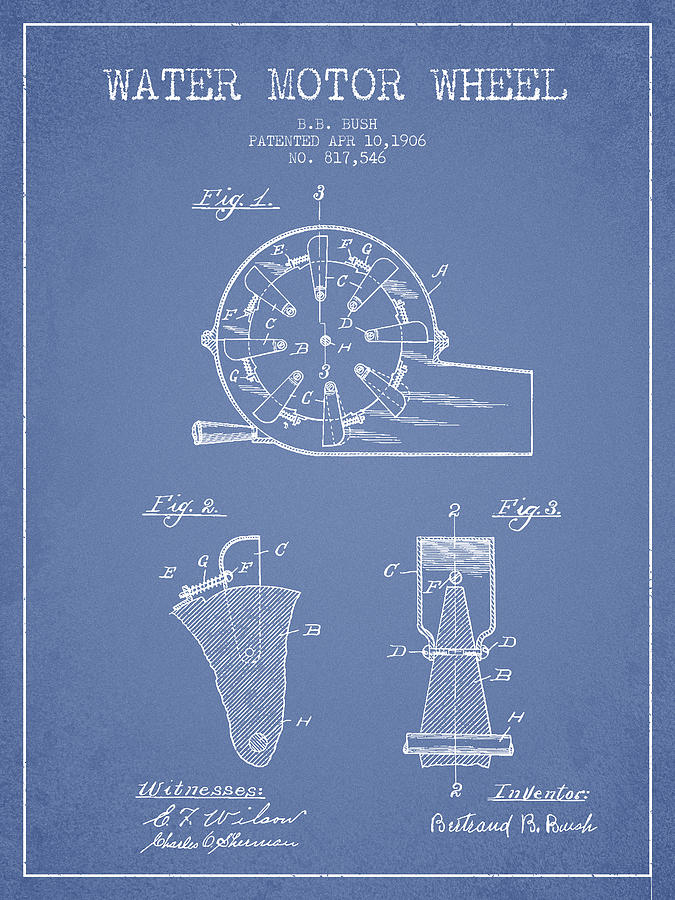 Vintage Digital Art - Water Motor Wheel Patent from 1906 - Light Blue by Aged Pixel
