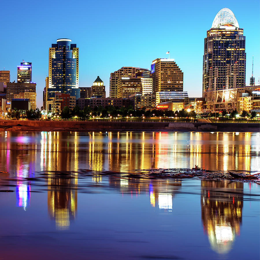 Water Reflections of the Cincinnati Skyline Photograph by Gregory Ballos