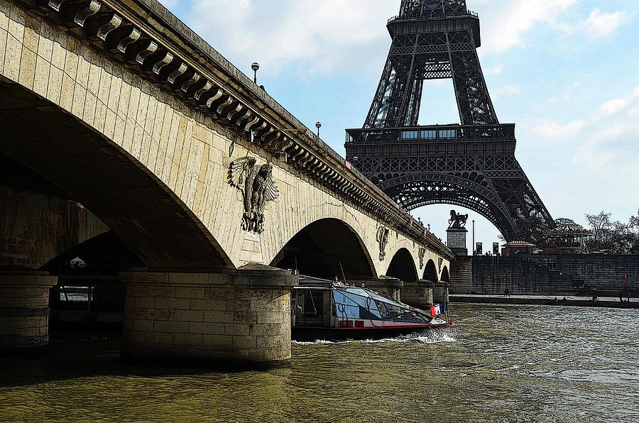 Water Taxi Boat Under Pont dLena Bridge with Eiffel Tower Paris France Poster Edges Digital Art Digital Art by Shawn OBrien