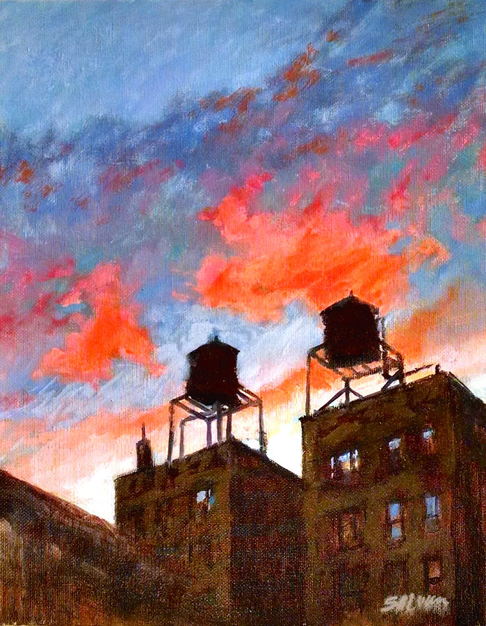 Water Towers at Sunset No. 1 Painting by Peter Salwen