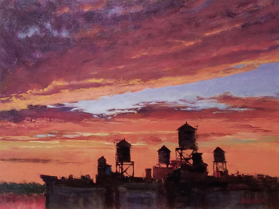Landscape Painting - Water Towers at Sunset No. 4 by Peter Salwen