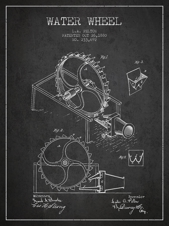 Vintage Digital Art - Water Wheel Patent from 1880 - Charcoal by Aged Pixel