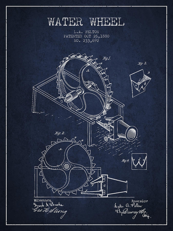 Vintage Digital Art - Water Wheel Patent from 1880 - Navy Blue by Aged Pixel