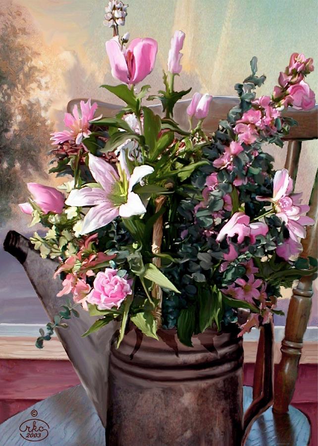 Watercan Bouquet Painting by Ron Chambers