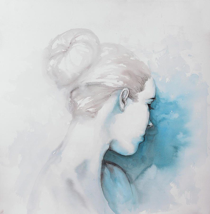 Abstract Painting - Watercolor Abstract Girl with Hair Bun by Atelier B Art Studio
