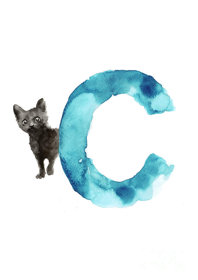 Abstract Painting - Watercolor alphabet C cat art print for sale by Joanna Szmerdt