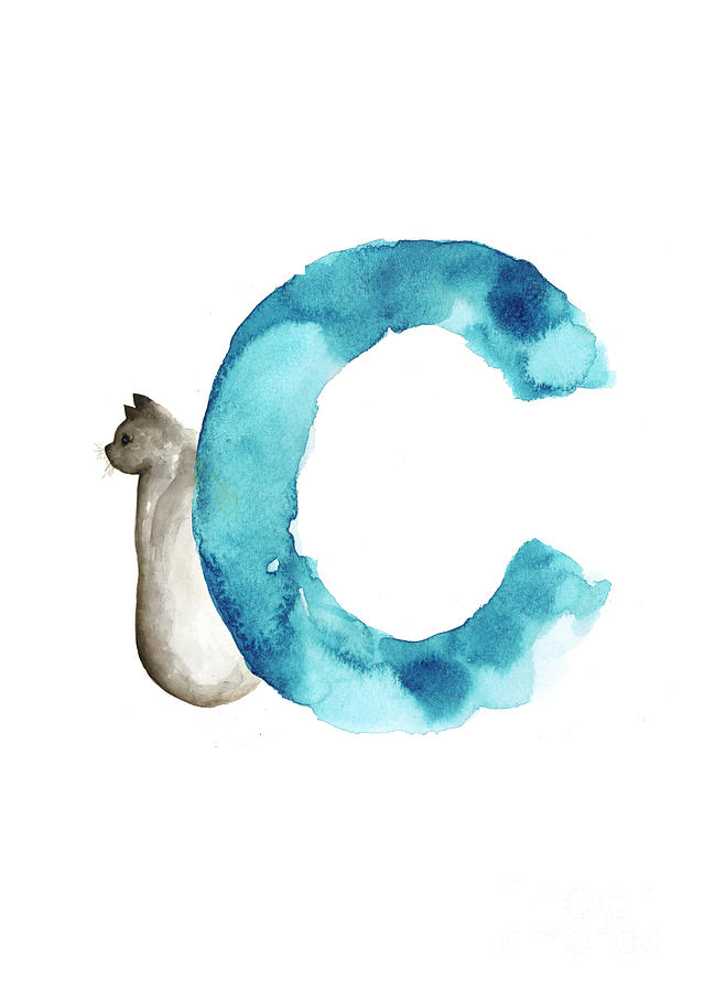 Abstract Painting - Watercolor alphabet C letter abstract cat minimalist painting by Joanna Szmerdt