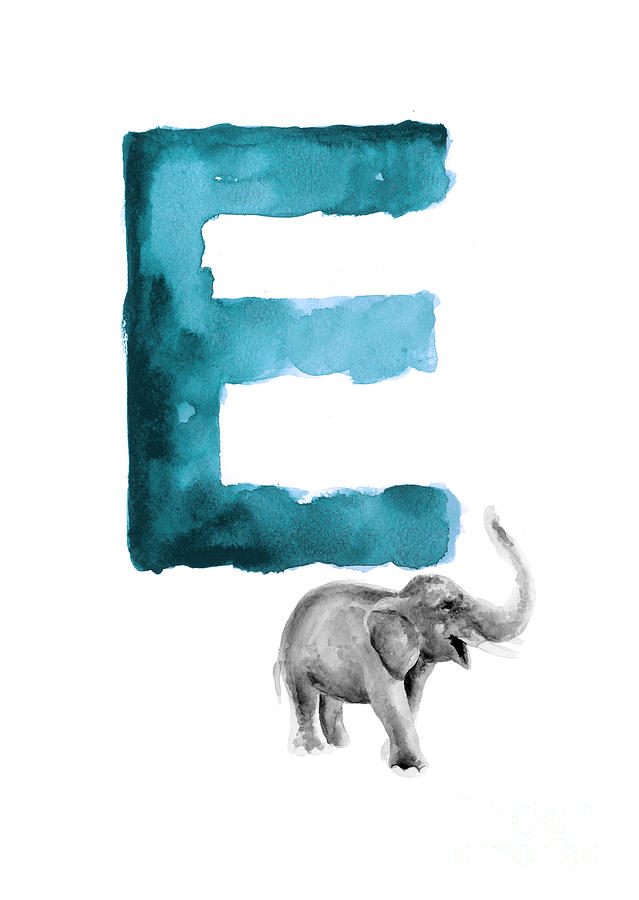 Abstract Painting - Watercolor alphabet E elephant art by Joanna Szmerdt