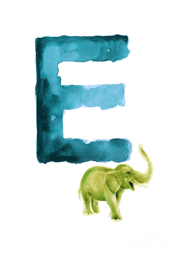 Abstract Painting - Watercolor alphabet E green elephant art. by Joanna Szmerdt