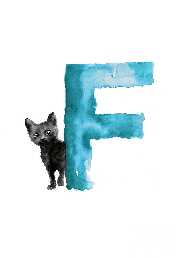 Abstract Painting - Watercolor alphabet F cat art print painting by Joanna Szmerdt
