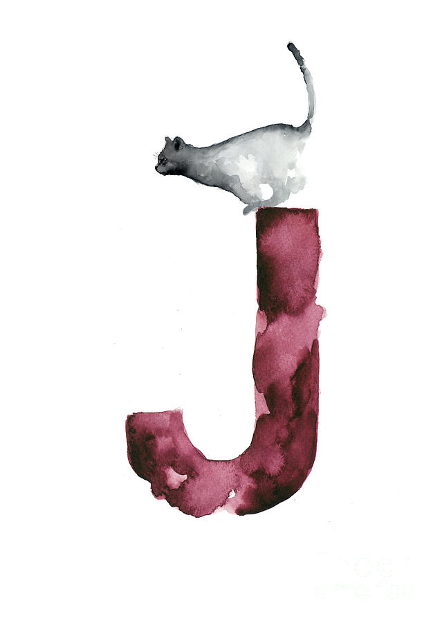 Abstract Painting - Watercolor alphabet J cat art print painting by Joanna Szmerdt