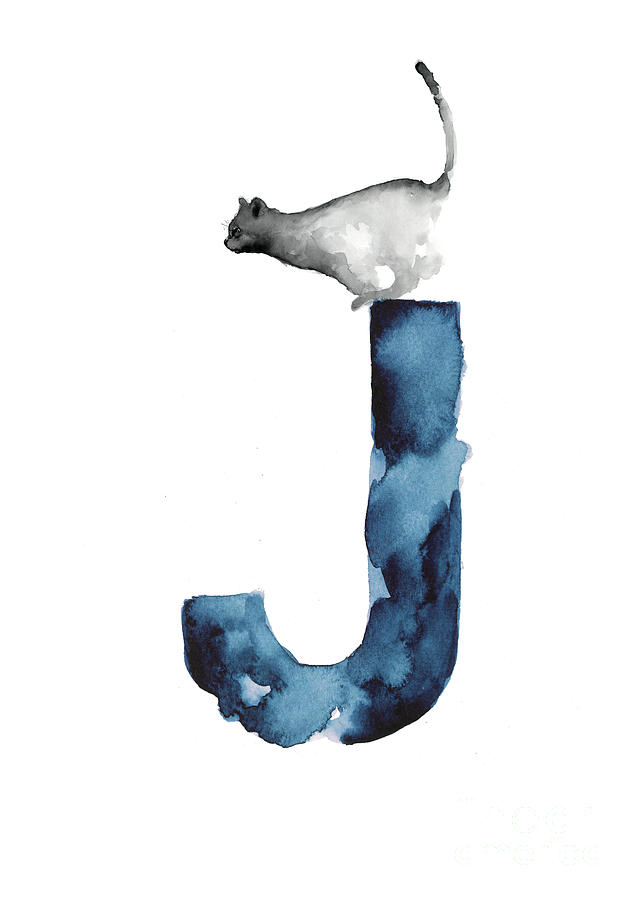 Abstract Painting - Watercolor alphabet J cat blue by Joanna Szmerdt