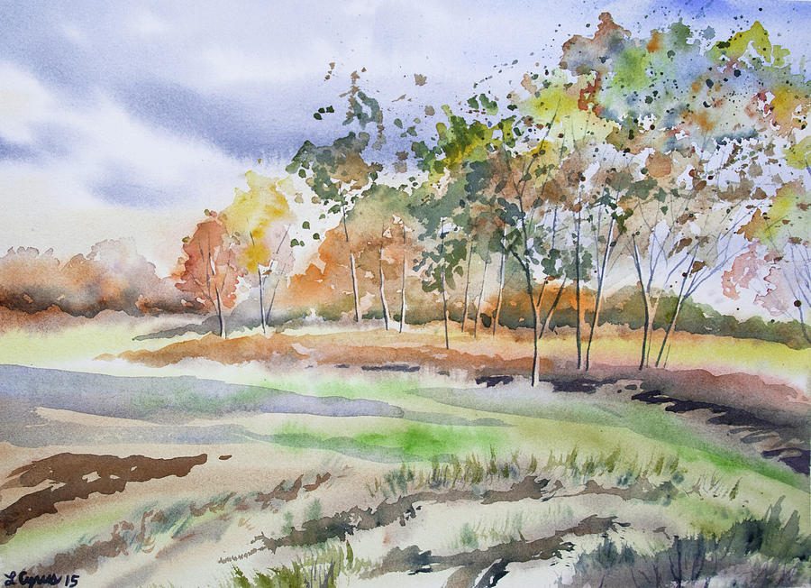 Watercolor - Autumn Birch Landscape Painting by Cascade Colors