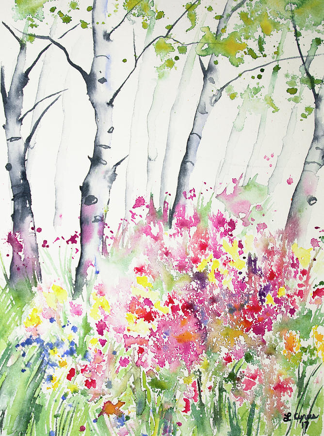 Watercolor - Birch And Wildflowers Painting
