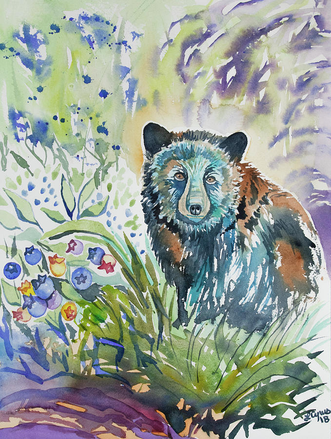 Watercolor - Black Bear and Blueberries Painting by Cascade Colors