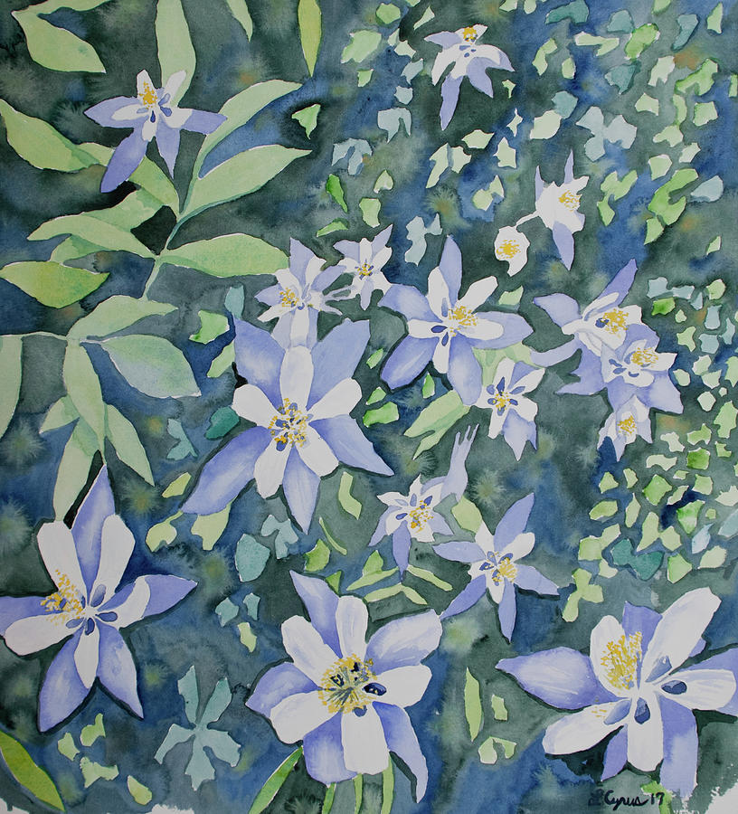Nature Painting - Watercolor - Blue Columbine Wildflowers by Cascade Colors