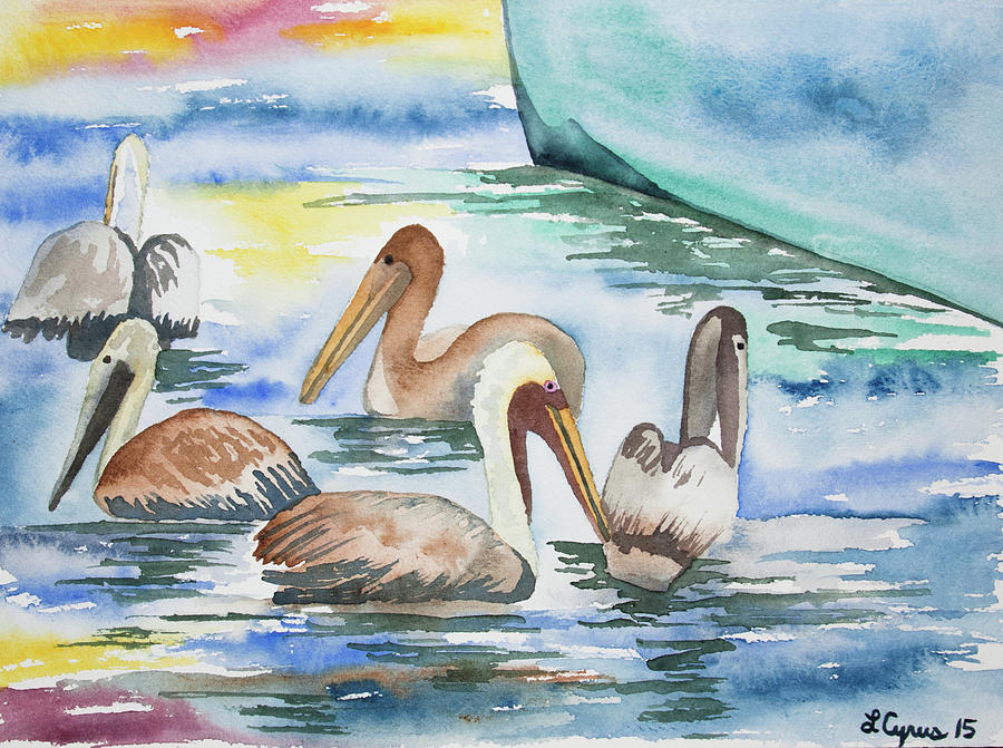 Watercolor - Brown Pelican Group and Boat Painting by Cascade Colors