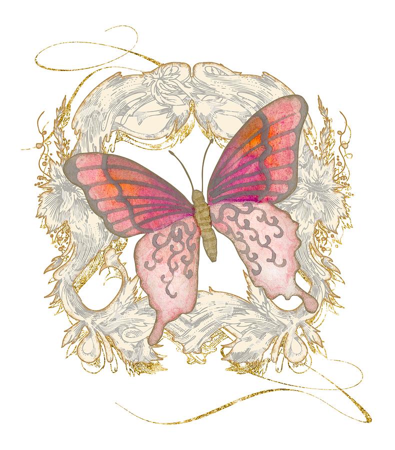 Watercolor Butterfly with Vintage Swirl Scroll Flourishes Painting by Audrey Jeanne Roberts