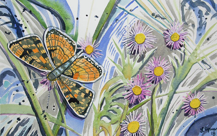 Watercolor - Checkerspot Butterfly with Wildflowers Painting by Cascade Colors