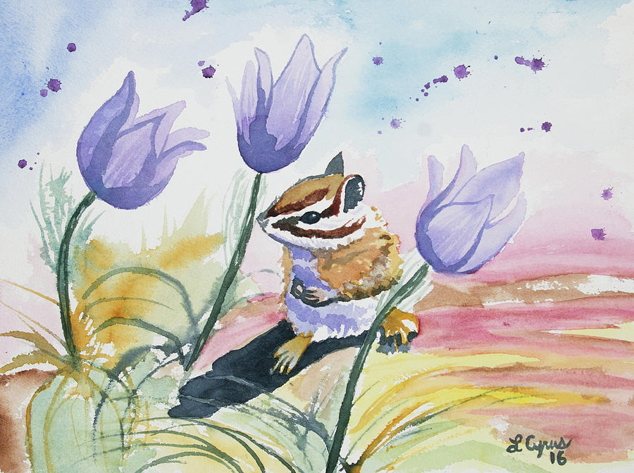 Watercolor - Chipmunk with Pasque Flowers Painting by Cascade Colors