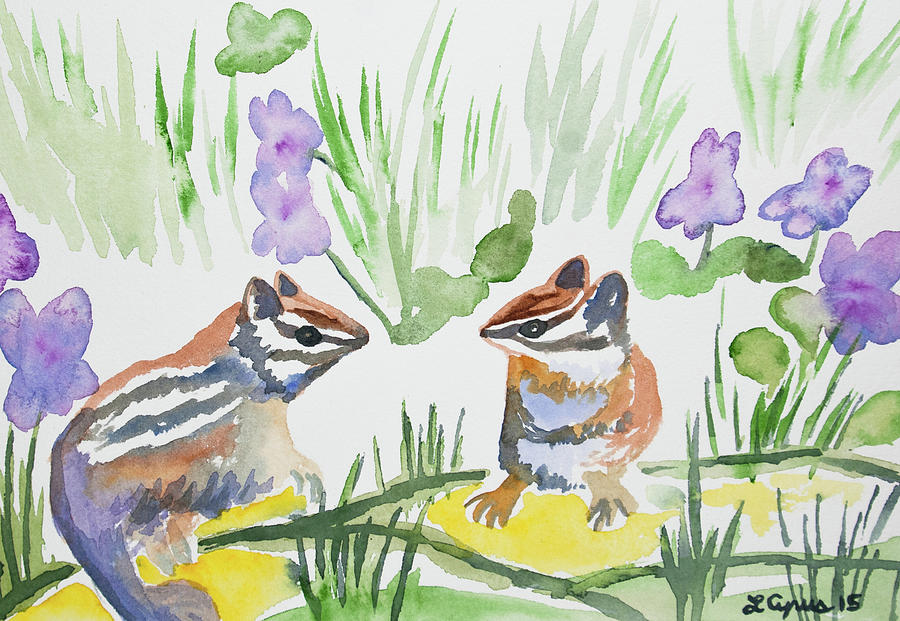 Watercolor - Chipmunks and Violets Painting by Cascade Colors