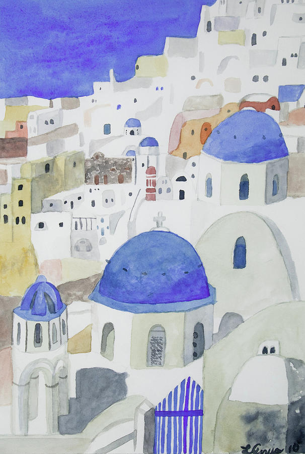 Watercolor - Classic Oia Santorini Painting by Cascade Colors