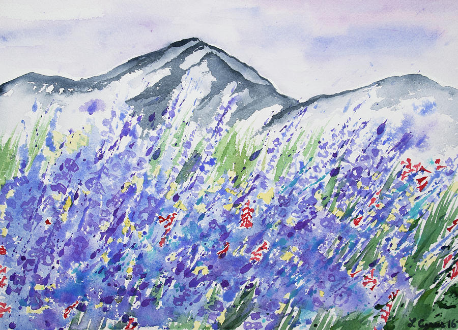 Watercolor - Colorado Mountain and Lupine Landscape Painting by Cascade Colors