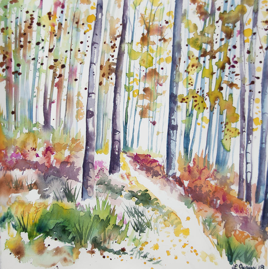 Watercolor - Colorful Autumn Aspen Forest Impression Painting by Cascade Colors
