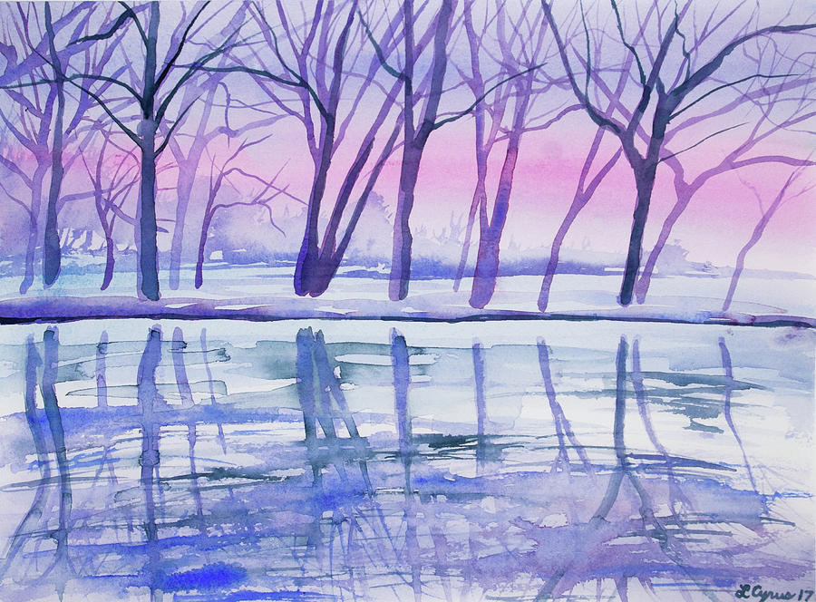 Watercolor - Early Winter Woodland Reflection Painting by Cascade Colors