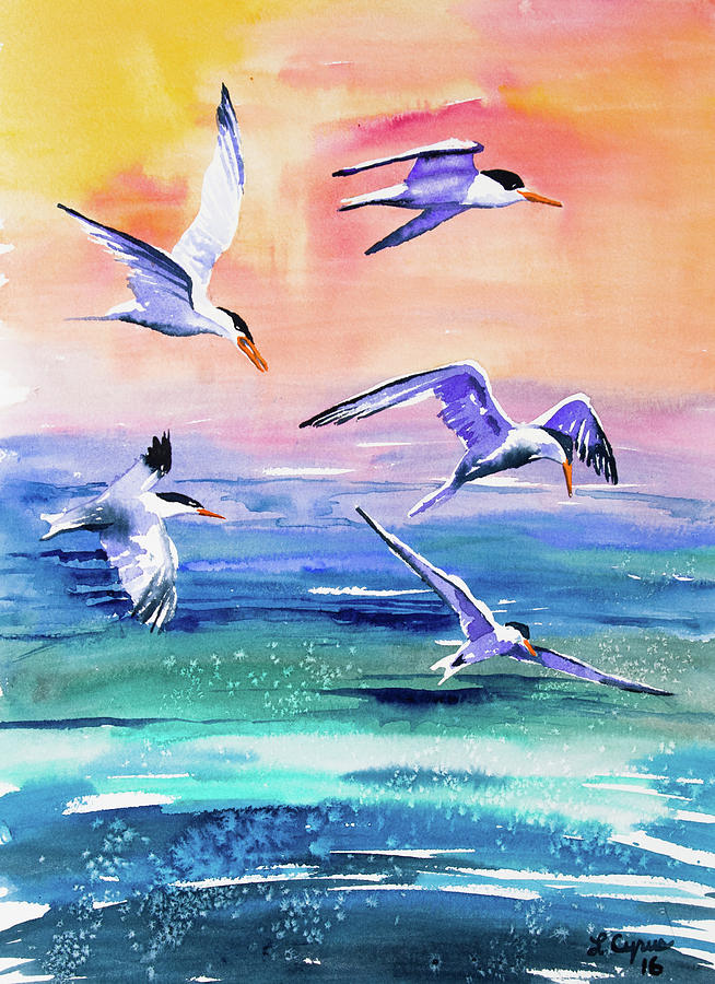 Watercolor - Elegant Terns over the Ocean Painting by Cascade Colors