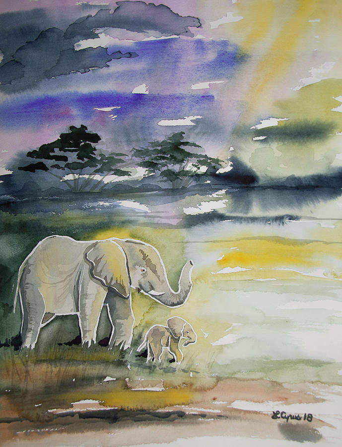 Watercolor - Elephant with Baby Painting by Cascade Colors