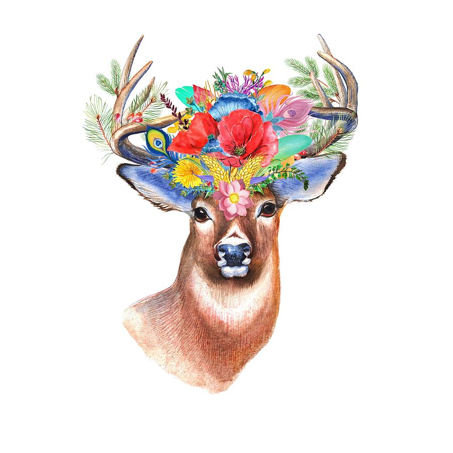 Watercolor Fairytale Stag With Crown Of Flowers Painting by Modern Art