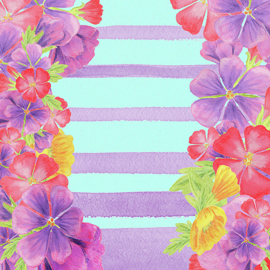 Watercolor Flowers Purple Stripes For Baby Room Decor Painting